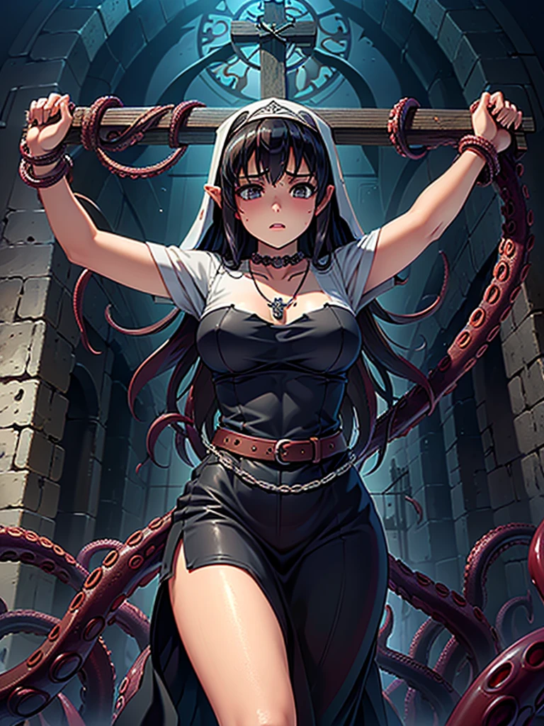 Game CG, from the front, From below, 16 year old beautiful girl, Baby Face, Huge breasts, Curvy, Nuns, (tired, digest:1.3), Open your mouth, Detailed eyes, (Crucified:1.2), (rosary necklace), (church, Stained glass), evening, bound,Suppressed,(((too many Tentacles, Tentacles,bound by Tentacles, bound neck by Tentacles))), Hollow, (masterpiece, Highest quality, High resolution:1.3), Perfect Anatomy