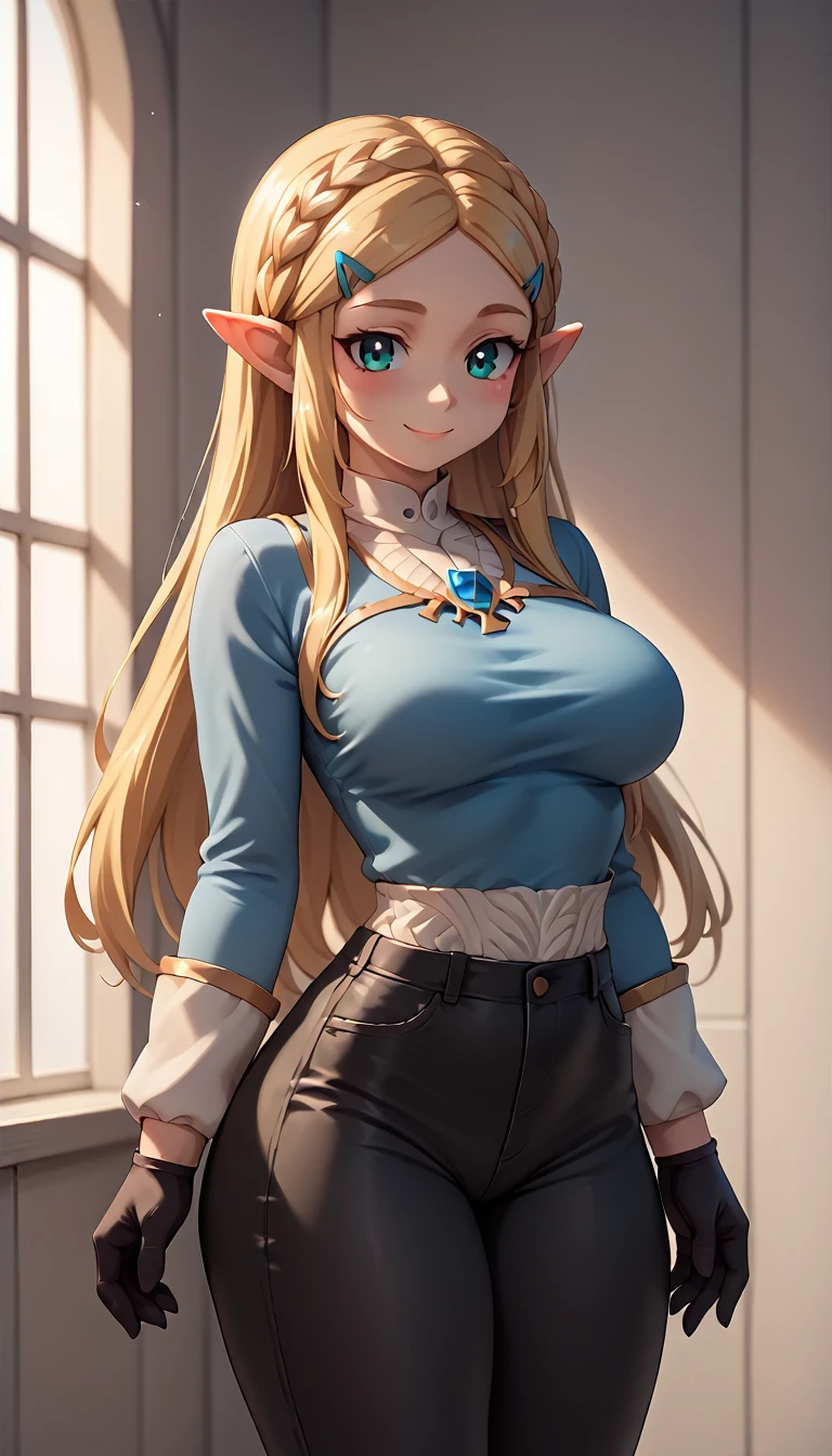 High resolution, Very detailed, perfect lighting, beautiful detailed eyes,   ((masterpiece,Best Quality)), absurdities, alone,     princess zelda, by the width, crown braid, Hair clip, pointy ears, blue shirt, long sleeves, Gloves without fingers, black gloves, Black pants, tight pants, smile, curves, nod,   ,  deep neckline, deep neckline, bare breasts, bare breasts, NSFW, visible nipples, visible nipples 