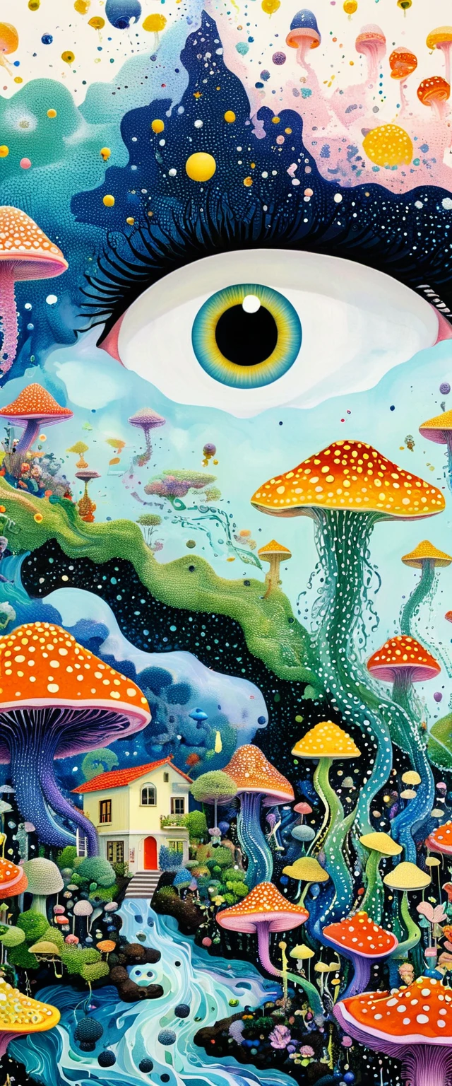 Strong visual fusion of multiple elements，Broto，来自Star的艺术家，house：1.37、Eye、Star、cloud、Spore powder、Ocean、rain、Tentacles，Describing the inner world of autistic people，密集Pointillism method。Smooth lines。interesting，Strange illustration。Pointillism method。Strong contrast。Award-winning works。