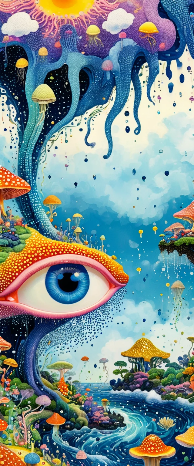 Strong visual fusion of multiple elements，Broto，来自Star的艺术家，house：1.37、Eye、Star、cloud、Spore powder、Ocean、rain、Tentacles，Describing the inner world of autistic people，密集Pointillism method。Smooth lines。interesting，Strange illustration。Pointillism method。Strong contrast。Award-winning works。