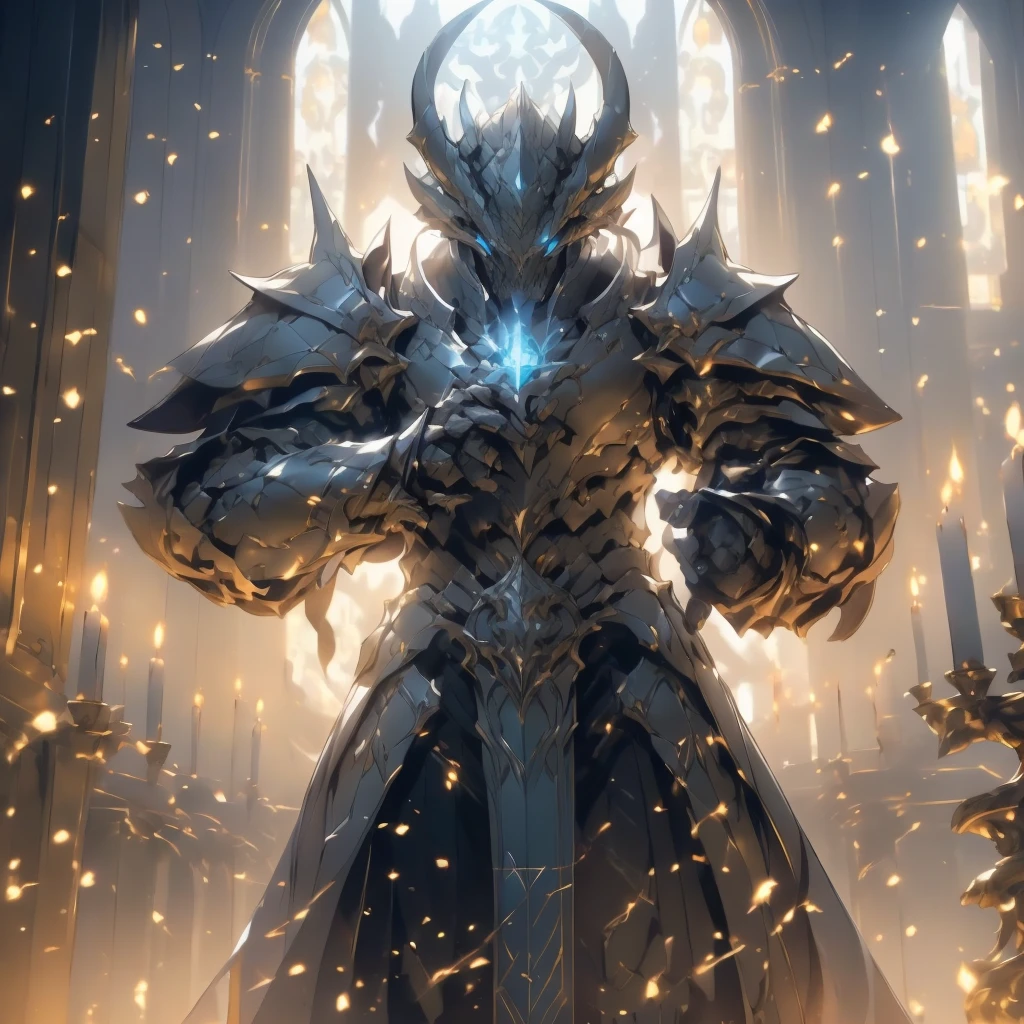 (silver dragonborn, male, golden horns, solo portrait, stoic pose, holding a book, black scales, scales, reptilian face, blue eyes) tail, buff, black and silver armor, black and silver chest armor, black and silver gauntlets, black and silver pauldrons, dark blue cloak, dark blue robes, inside, close-up, standing inside, good lighting, candles in back ground, in temple ((masterpiece, best quality)), art by greg rutkowski, 1 male, full body