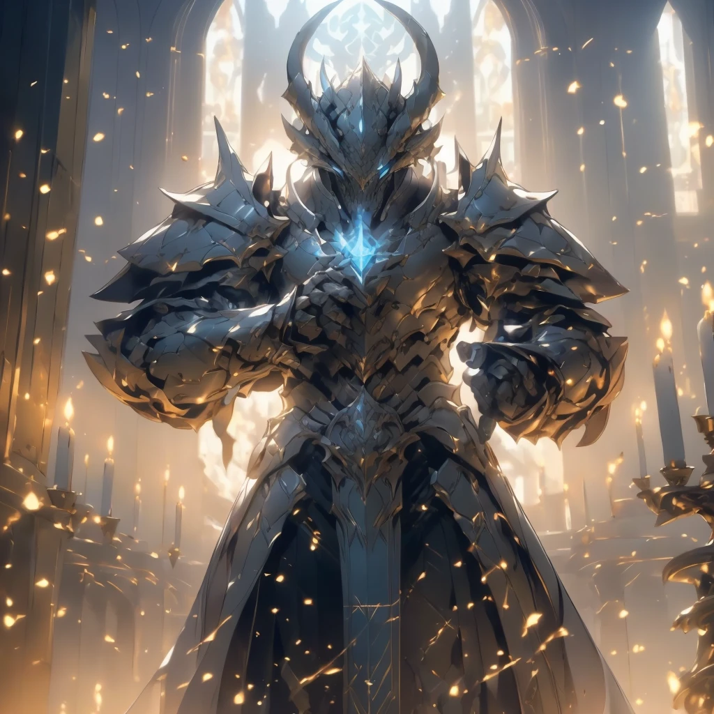(silver dragonborn, male, golden horns, solo portrait, stoic pose, holding a book, black scales, scales, reptilian face, blue eyes) tail, buff, black and silver armor, black and silver chest armor, black and silver gauntlets, black and silver pauldrons, dark blue cloak, dark blue robes, inside, close-up, standing inside, good lighting, candles in back ground, in temple ((masterpiece, best quality)), art by greg rutkowski, 1 male, full body