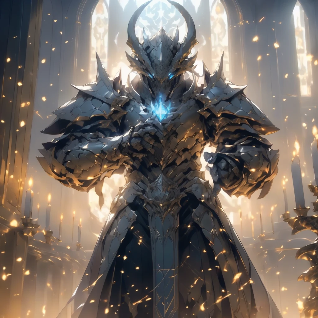 (silver dragonborn, male, golden horns, solo portrait, stoic pose, holding a book, black scales, scales, reptilian face, blue eyes) tail, buff, black and silver armor, black and silver chest armor, black and silver gauntlets, black and silver pauldrons, dark blue cloak, dark blue robes, inside, close-up, standing inside, good lighting, candles in back ground, in temple ((masterpiece, best quality)), art by greg rutkowski, 1 male, full body