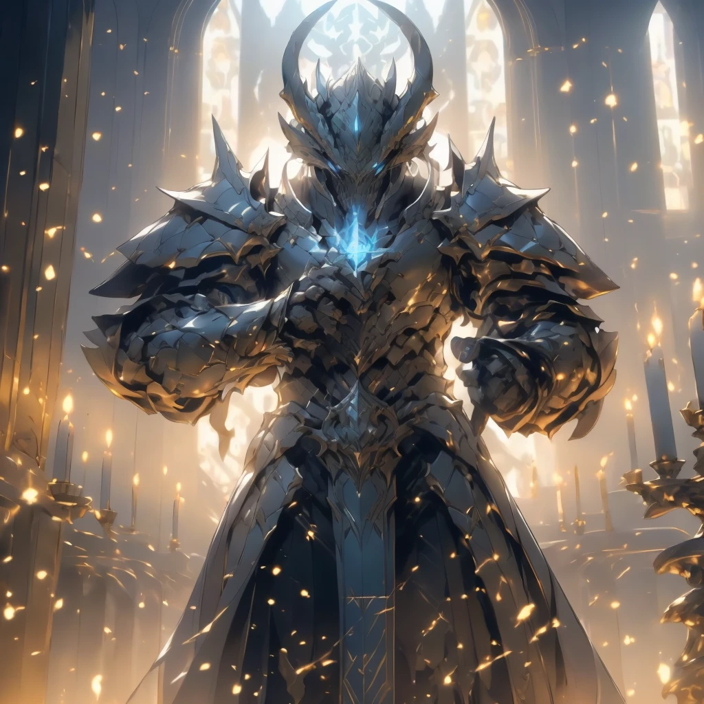 (silver dragonborn, male, golden horns, solo portrait, stoic pose, holding a book, black scales, scales, reptilian face, blue eyes) tail, buff, black and silver armor, black and silver chest armor, black and silver gauntlets, black and silver pauldrons, dark blue cloak, dark blue robes, inside, close-up, standing inside, good lighting, candles in back ground, in temple ((masterpiece, best quality)), art by greg rutkowski, 1 male, full body