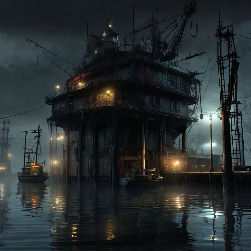 ((dark biopunk horror)), gloomy biopunk harbor, pale thick fog, dark black water, massive biopunk pier, dark biopunk docks, cold lighting, cold lights, dark art, highly detailed, extremely detailed, highly detailed background, masterpiece