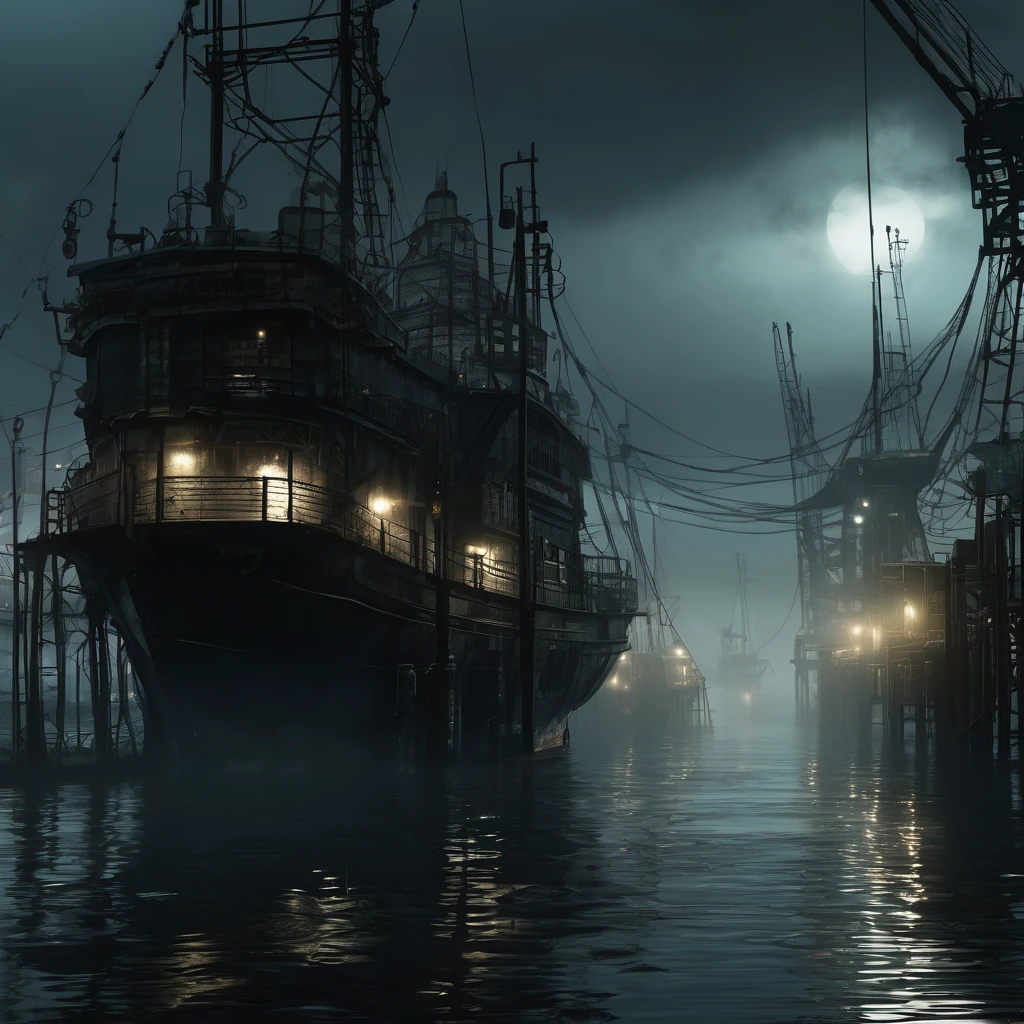 ((dark biopunk horror)), gloomy biopunk harbor, pale thick fog, dark black water, massive biopunk pier, dark biopunk docks, cold lighting, cold lights, dark art, highly detailed, extremely detailed, highly detailed background, masterpiece
