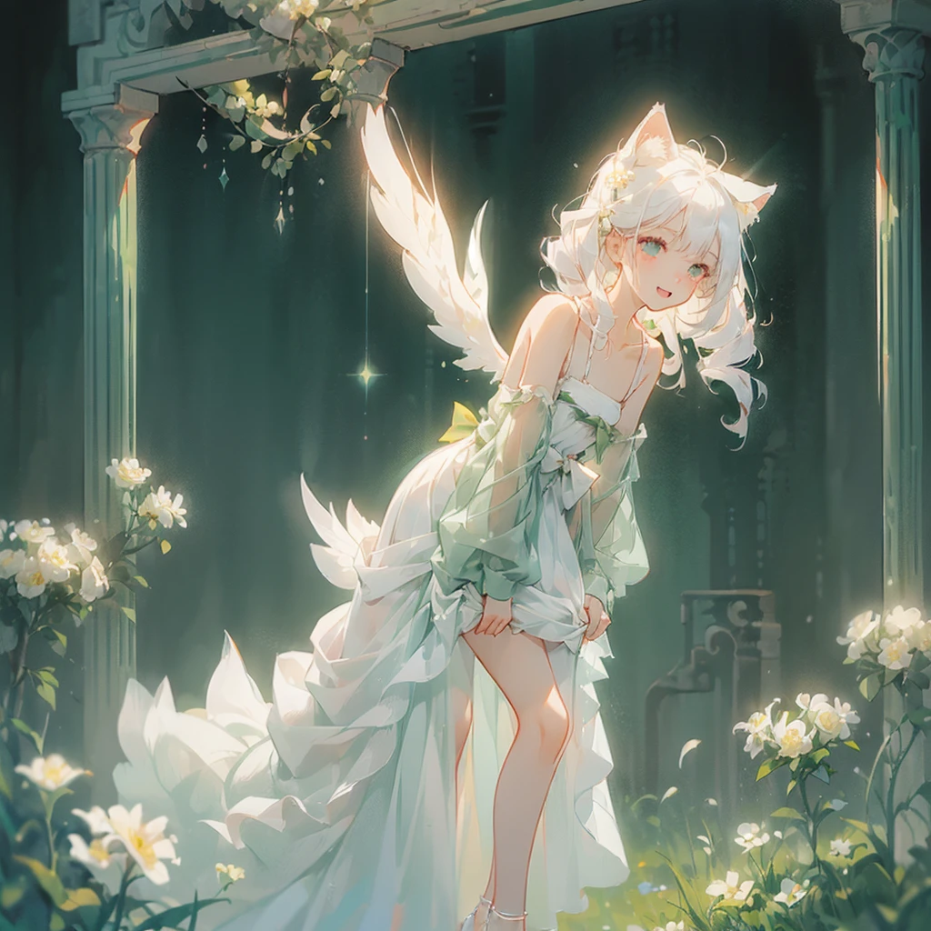 ((One girl)), (Standing diagonally facing forward:1.2), (Slightly bulging chest), (Slightly healthy tanned skin on face), magenta eyes, (mouth open with joy:1.2)
BREAK
(White cat ears:1.2), Inside the cat ears is paw-colored,
BREAK
(Pure white hair:1.6), (Softly curled pure white hair:1.6), (The hair under the cat ears behind the side hair flows forward and curls strongly on the collarbone:1.6), (Other hair is drill-hair divided into several strands:1.5), (Hair is down:1.3), (Hair is on shoulders and weighing down:1.5),
BREAK
(Pure white wings on upper body:1.2), (straight wings:1.3), (small wings:1.8),
BREAK
(simple dress made entirely of white:1.5), (dress with slightly exposed shoulders:1.1), (waist tied with string:1.3), (plenty of gathers below the waist:1.4), (dress reaches the knees:1.6), dress has no decoration, petticoat is white or absent,
BREAK
(wide green grassland:1.6), (lots of white flowers:1.6), (wide clear blue sky:1.4)