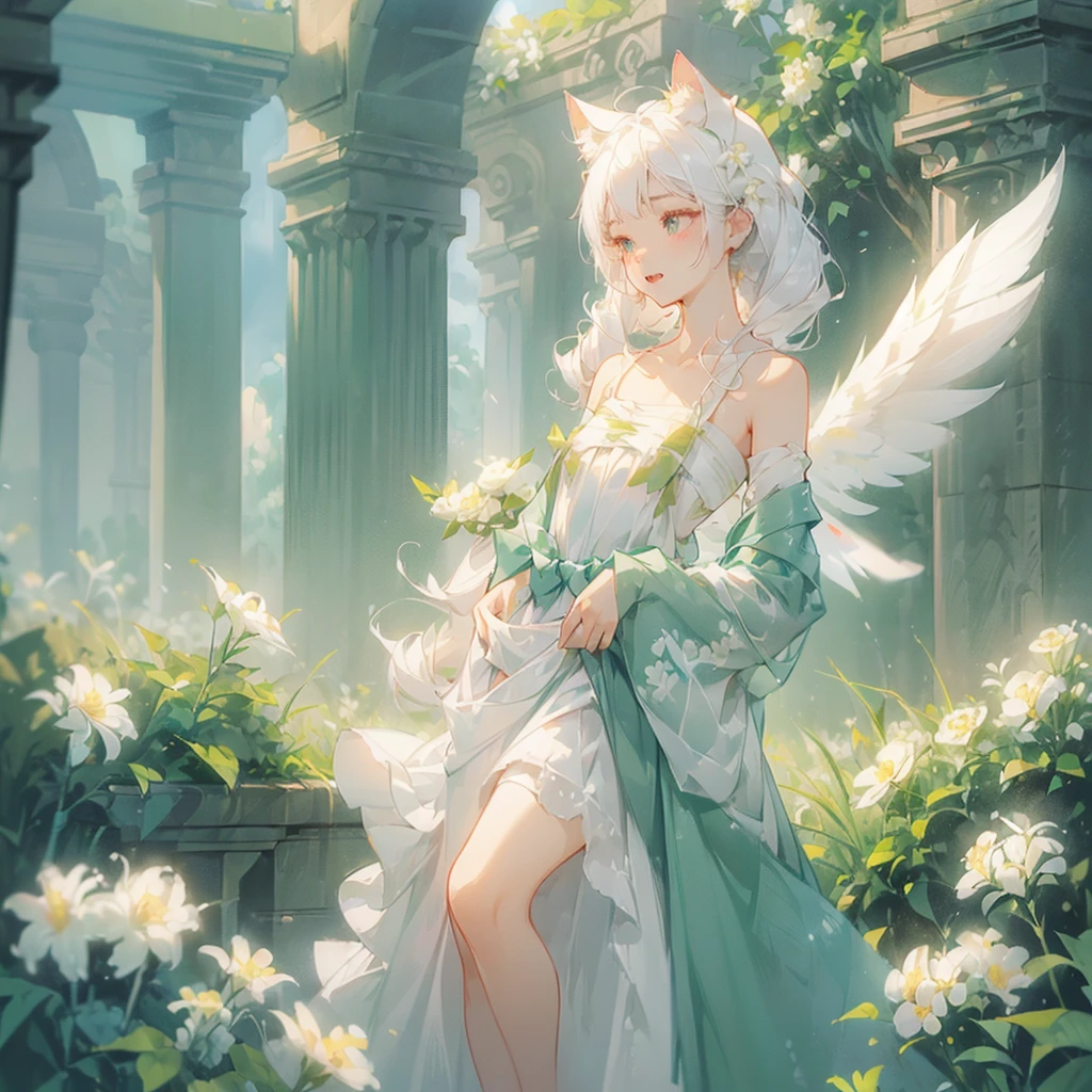 ((One girl)), (Standing diagonally facing forward:1.2), (Slightly bulging chest), (Slightly healthy tanned skin on face), magenta eyes, (mouth open with joy:1.2)
BREAK
(White cat ears:1.2), Inside the cat ears is paw-colored,
BREAK
(Pure white hair:1.6), (Softly curled pure white hair:1.6), (The hair under the cat ears behind the side hair flows forward and curls strongly on the collarbone:1.6), (Other hair is drill-hair divided into several strands:1.5), (Hair is down:1.3), (Hair is on shoulders and weighing down:1.5),
BREAK
(Pure white wings on upper body:1.2), (straight wings:1.3), (small wings:1.8),
BREAK
(simple dress made entirely of white:1.5), (dress with slightly exposed shoulders:1.1), (waist tied with string:1.3), (plenty of gathers below the waist:1.4), (dress reaches the knees:1.6), dress has no decoration, petticoat is white or absent,
BREAK
(wide green grassland:1.6), (lots of white flowers:1.6), (wide clear blue sky:1.4)