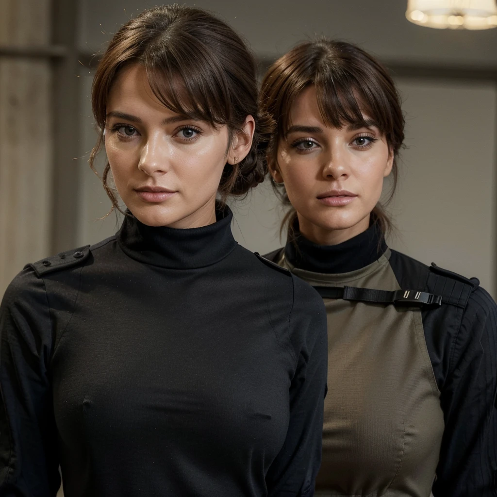La plus belle femme militaire du monde,avec un magnifique visage très détaillé unique structuré, une magnifique coupe de cheveux de couleur noir,une tenue de militaires avec un gilet par balle, elle tient un glock 19 dans ses mains