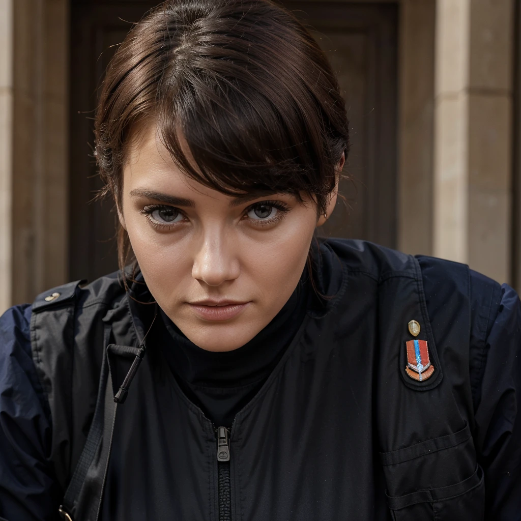 Documentary-style image of a female soldier, highlighting her uniform and stern expression, captured during a moment of reflection, close-up, set in a military camp with tents and equipment in the background, lit by the diffused light of an overcast sky, shot at eye level, using a 50mm lens with a medium aperture to maintain depth of field, in the style of Lynsey Addario. (perfect face), (8K, 16k, uhd, dslr), (RAW photo:1.2), (best quality:1.4), (high quality:1.4), (masterpiece:1.2), (realistic:1.3), (photo-realistic:1.4), ultra-detailed, (grainy:0.4)