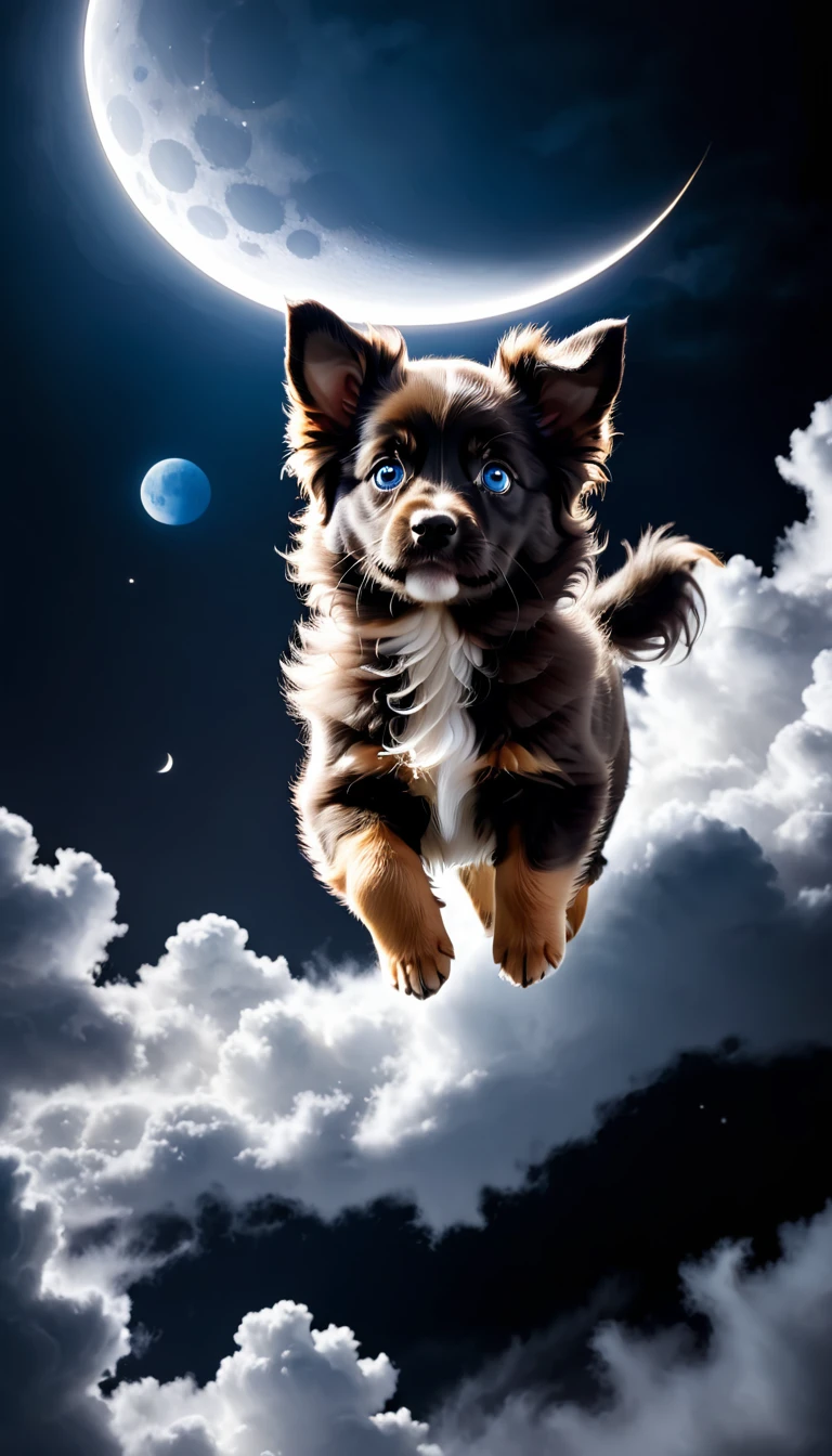 (masterpiece; best quality, highres, 8k, ultra detailed) score_9, score_8_up, score_7_up, cute puppy, long tail, wavy fur, curious expression, looking down, blue eyes, black-brown-white fur, portrait, photoshoot, (BREAK) bite a bone, flying through the moon, dark night, dark clouds flying stance(flying:1.6) below view, fantasy art, epic scenery, UHD, dramatic photoart, digitally manipulated, cinematic motion.