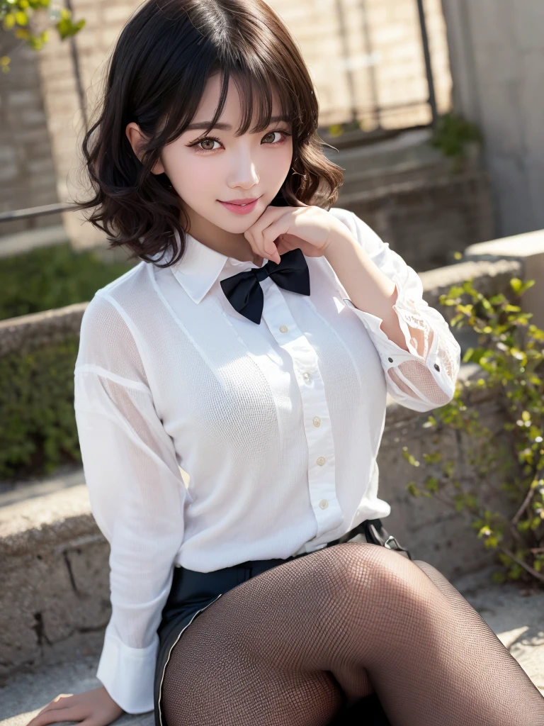 (RAW photo, best quality), (realistic, photo-realistic:1.3), masterpiece, an extremely delicate and beautiful, extremely detailed, CG, unity, 8k, amazing, finely detail, ultra-detailed, highres, absurdres, soft light, (black hair, short hair, curly hair, messy hair, bangs), beautiful detailed girl, detailed fingers, extremely detailed eyes and face, beautiful detailed nose, beautiful detailed eyes, (light on face), looking at viewer, (closed mouth:1.2), 1girl, cute, young, mature face, pale skin, (half body:1.3, sitting), (medium breasts), realistic face, realistic body, beautiful detailed thigh, (ulzzang-6500-v1.1:0.6), (white shirt, collared shirt, lace, black miniskirt, pantyhose, detached sleeves, bowtie), (semi smile:1.3), (aegyo sal:1), (kpop idol:1), relaxed,