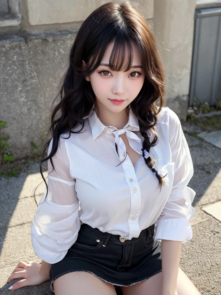 (RAW photo, best quality), (realistic, photo-realistic:1.3), masterpiece, an extremely delicate and beautiful, extremely detailed, CG, unity, 8k, amazing, finely detail, ultra-detailed, highres, absurdres, soft light, (black hair, short hair, curly hair, messy hair, bangs), beautiful detailed girl, detailed fingers, extremely detailed eyes and face, beautiful detailed nose, beautiful detailed eyes, (light on face), looking at viewer, (closed mouth:1.2), 1girl, cute, young, mature face, pale skin, (half body:1.3, sitting), (medium breasts), realistic face, realistic body, beautiful detailed thigh, (ulzzang-6500-v1.1:0.6), (white shirt, collared shirt, lace, black miniskirt, pantyhose, detached sleeves, bowtie), (semi smile:1.3), (aegyo sal:1), (kpop idol:1), relaxed,