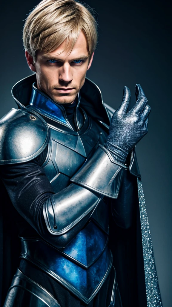 Masterpiece, best quality, 1 person, adult, focus man, alone, Medium blonde hair, bright blue eyes, glove, look at viewer, cape, High quality metal texture, Semi-metallic armor, gag, black metalic glove, upper body, smooth, high neck,(kbxll:0.6), fantasy aesthetics, Highly detailed