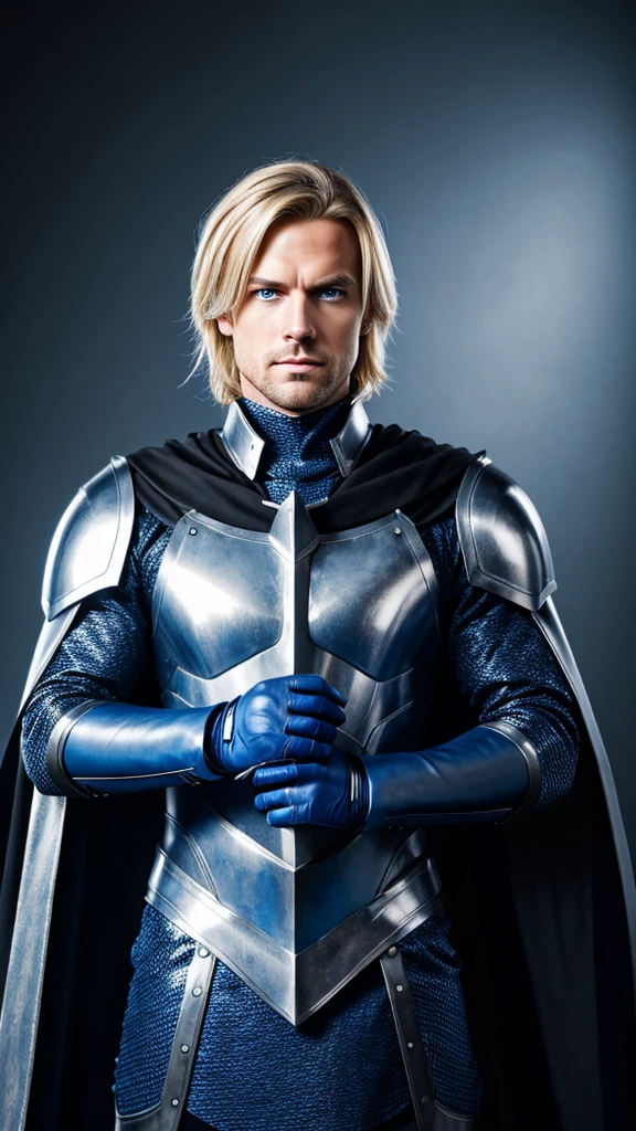 Masterpiece, best quality, 1 person, adult, focus man, alone, Medium blonde hair, bright blue eyes, glove, look at viewer, cape, High quality metal texture, Semi-metallic armor, gag, black metalic glove, upper body, smooth, high neck,(kbxll:0.6), fantasy aesthetics, Highly detailed