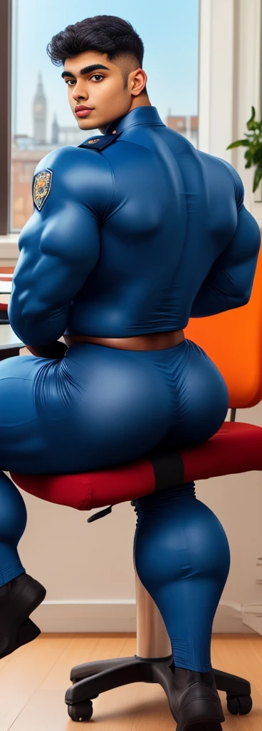 4 meter tall slightly overweight indian men. 20 years old. Childish Young hairless fresh face. In london with friend. Very sexy Posing for camera. Muscular. Wearing a tight blue police suit . Big ass. Smooth body and face. Belly seen. Long long legs. Sitting on chair. View from the back.