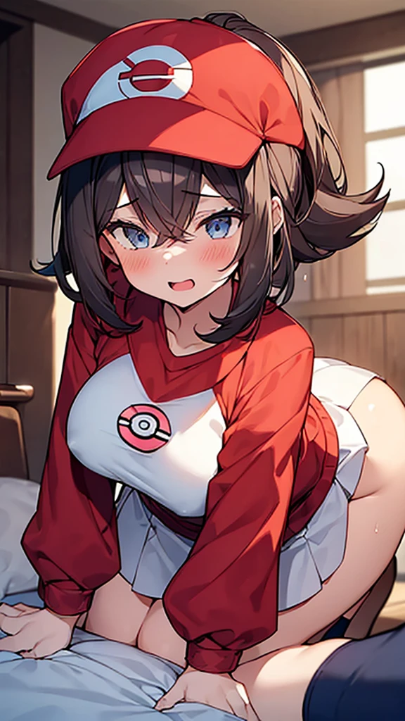 ((Girl having intense vaginal sex with man:1.3)), Anime One Girl, 22 years old, Pokemon Haruka,((May Pokemon :1.3)), red bandana, Brown Hair, short hair, Blue eyes, Big Breasts, Chest cleavage, Red Shirt,super short white skirt,spats, Bounce, Thighs, indoor, 32K,Super detailed,Ultra-detailed, The perfect Mei, Red clothes,Navy blue leggings under a short white skirt, Mei's outfit, socks, whole body, Lovey-dovey vaginal sex, {{A Pokemon trainer sees May passing by and has Metamon transform into an adult May and engage in intense vaginal sex with her.}}, Intense piston movement between a man's legs, NSFW