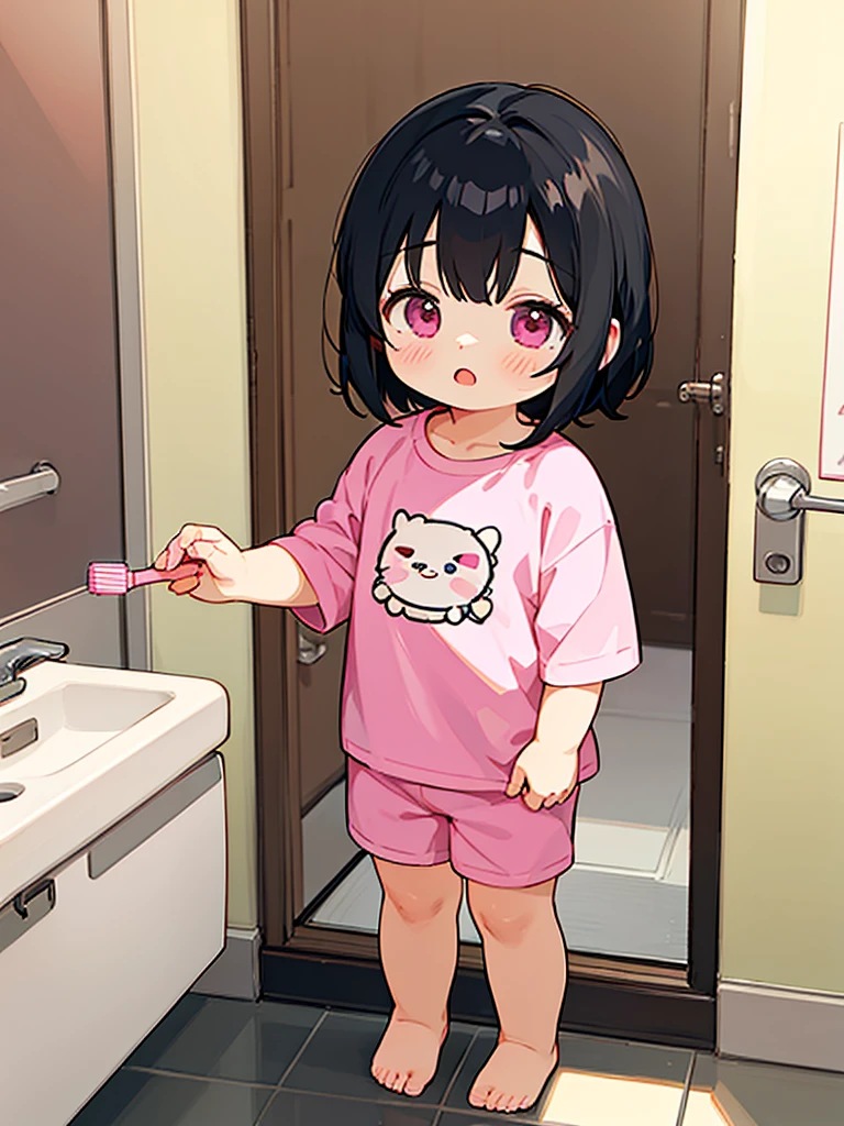 One , Open your mouth, Black Hair, Bob Hair, bangs, Sleepy, Character design drawings, anime, Ghibli-style colors, Gentle colors, In pajamas、Pink T-shirt and pink shorts、5 years old、、Bathroom、Standing with a toothbrush