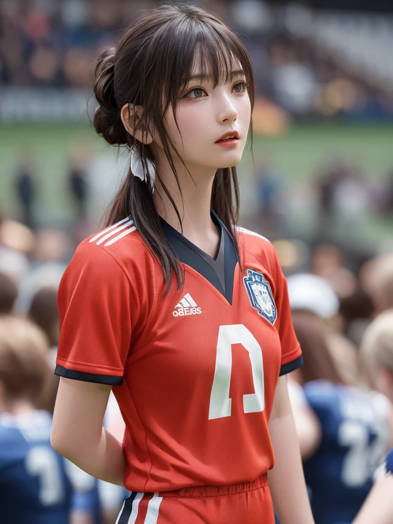 (Highest quality、8k、32K、masterpiece)、(Realistic)、(Realistic:1.2)、(High resolution)、Very detailed、Very beautiful face and eyes、(((Women's solo shots)))、Frame In、Tight waist、(Highest quality、Attention to detail、Rich skin detail)、(Highest quality、8k、Oil paints:1.2)、(Realistic、Realistic:1.37)、Bright colors、(((Cowboy Shot)))、(((Bob Hair)))、(((Serious expression)))、(((Black Hair)))、(((Soccer uniforms)))、(((ブルーのSoccer uniforms)))、(((Football Stadium)))、(((Enthusiastic audience)))、(((Uniform without lines)))、Short sleeve uniform、There are no lines on the sleeves、