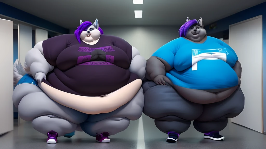A gorgeous extremely morbidly obese female grey wolf , long purple hair , huge belly , huge breasts, huge body,huge thighs , double chin, chubby cheeks duo, pants, t-shirt , shoes (masterpiece, best quality, 8k)