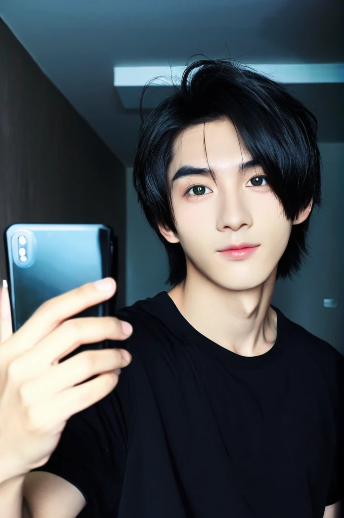 One boy, Young man with black hair ((Mash straight hair)),Male idol style, Medium size portrait, Oval Face, vivid,In a dark room Taking a selfie with your smartphone,(In a dark room)