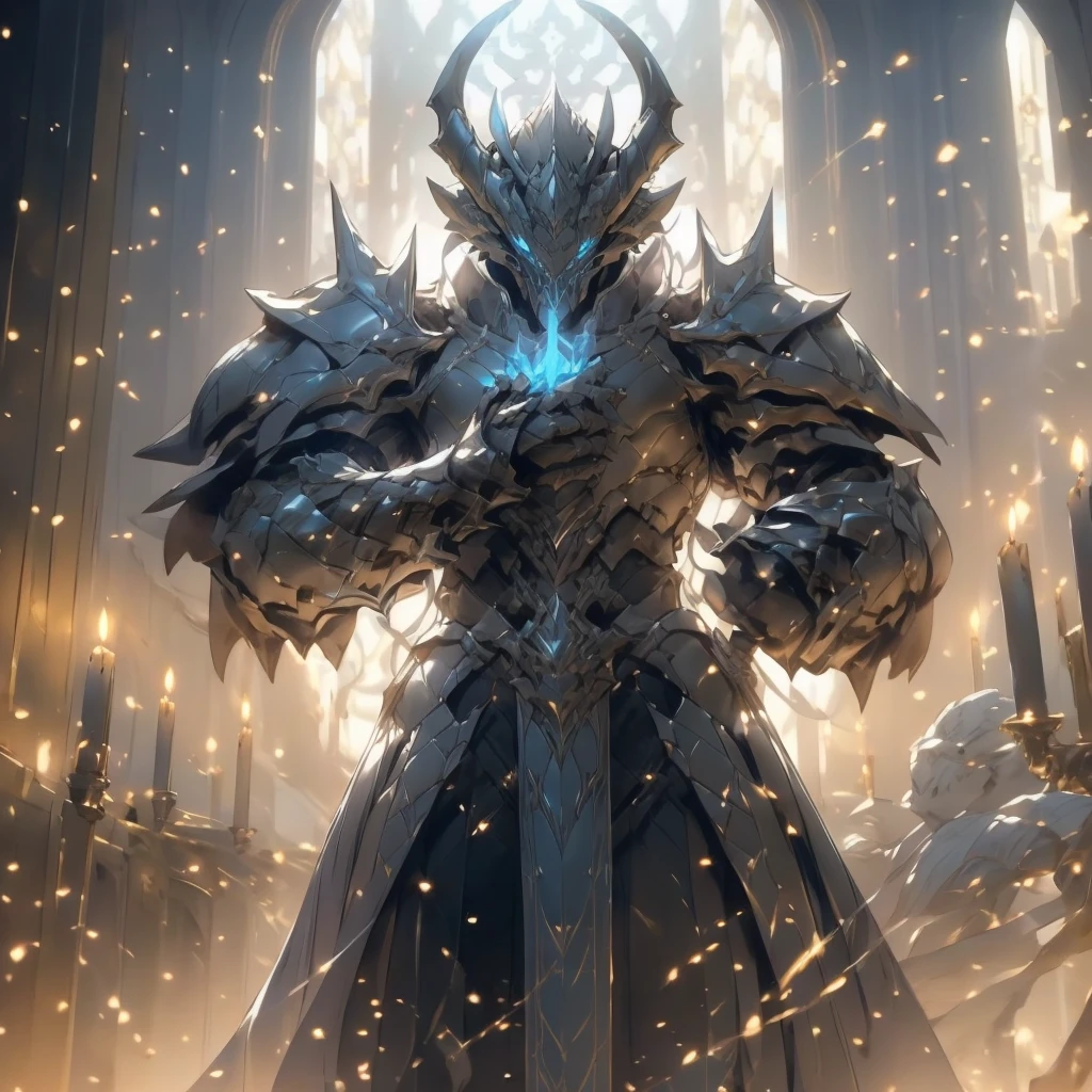 (silver dragonborn, male, golden horns, solo portrait, stoic pose, holding a book, black scales, scales, reptilian face, blue eyes) tail, buff, black and silver armor, black and silver chest armor, black and silver gauntlets, black and silver pauldrons, dark blue cloak, dark blue robes, inside, close-up, standing inside, good lighting, candles in back ground, in temple ((masterpiece, best quality)), art by greg rutkowski, 1 male, full body
