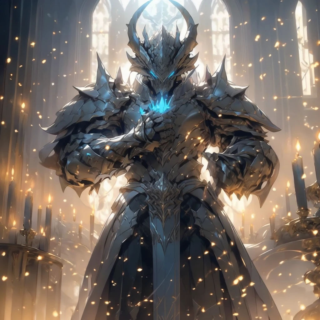 (silver dragonborn, male, golden horns, solo portrait, stoic pose, holding a book, black scales, scales, reptilian face, blue eyes) tail, buff, black and silver armor, black and silver chest armor, black and silver gauntlets, black and silver pauldrons, dark blue cloak, dark blue robes, inside, close-up, standing inside, good lighting, candles in back ground, in temple ((masterpiece, best quality)), art by greg rutkowski, 1 male, full body