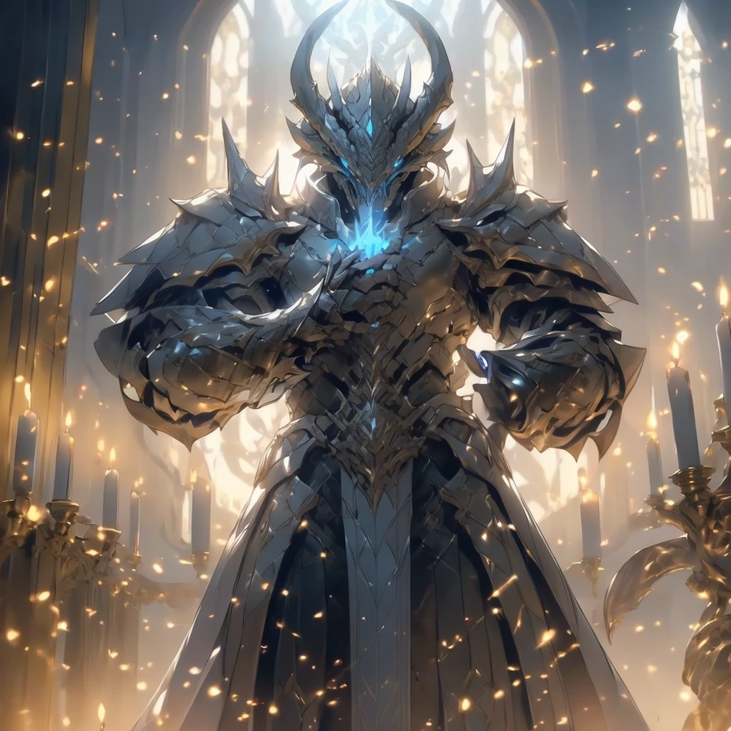 (silver dragonborn, male, golden horns, solo portrait, stoic pose, holding a book, black scales, scales, reptilian face, blue eyes) tail, buff, black and silver armor, black and silver chest armor, black and silver gauntlets, black and silver pauldrons, dark blue cloak, dark blue robes, inside, close-up, standing inside, good lighting, candles in back ground, in temple ((masterpiece, best quality)), art by greg rutkowski, 1 male, full body