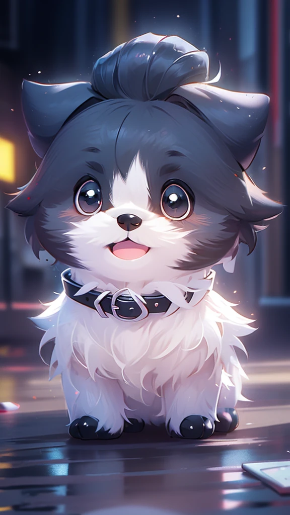 small black Shih Tzu puppy wearing a white collar, playing, 3D, Pixar style