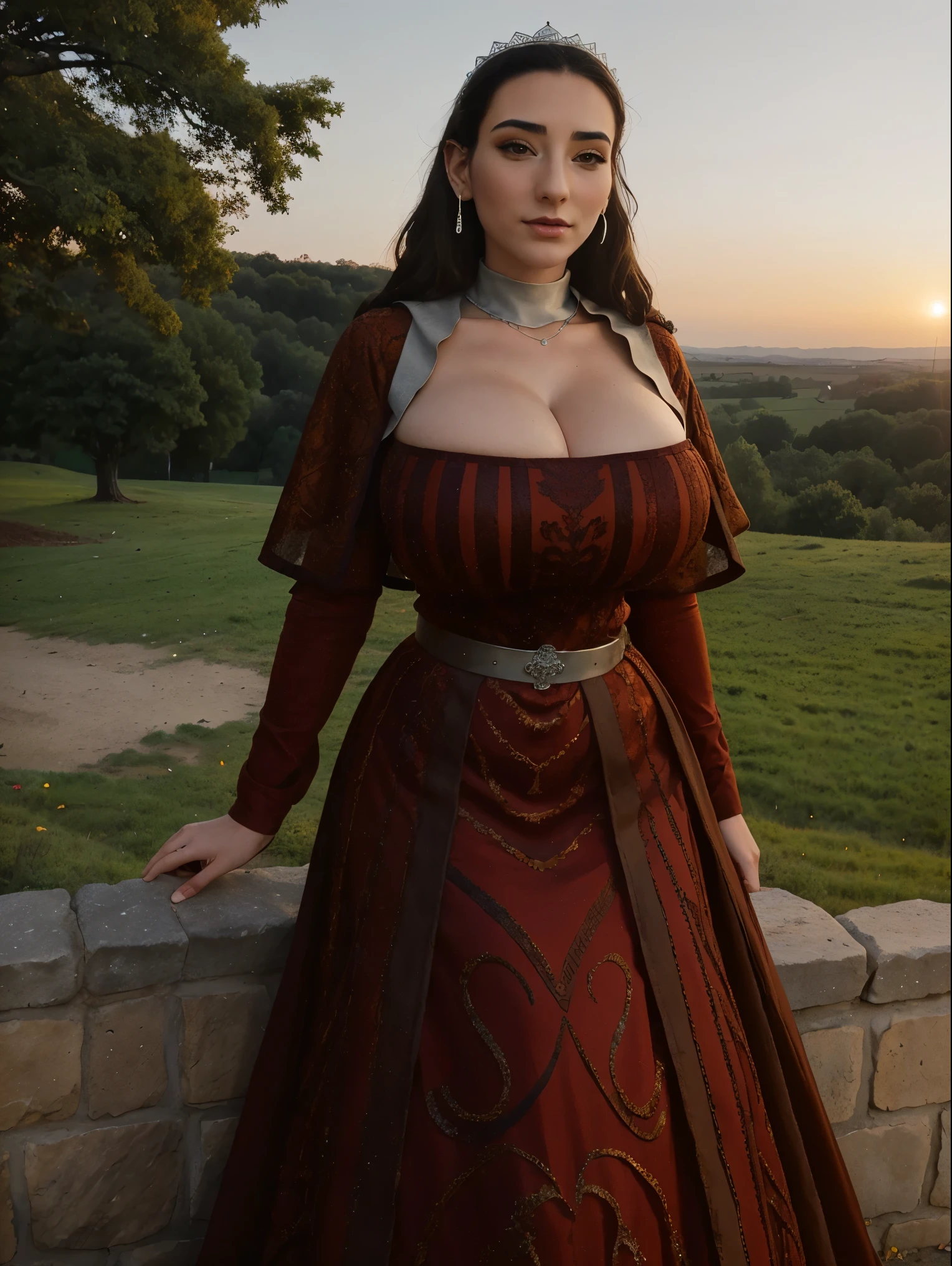 Gorgeous and sultry busty athletic (thin) brunette queen with sharp facial features wearing a modest updo, dark red medieval dress, long sleeves, intricate patterns, scrollwork, wide neck, crown, veil, long dress, modest dress, tight bodice, silver belt, (waist chain), medieval jewelry, Middle Ages, castle, rampart, wall, exterior, on top of a castle wall, trees, countryside, evening, sunset. large breasts.