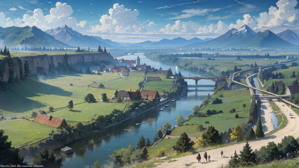 A medieval fantasy road along the river, where horse-drawn carriages and travelers come and go, a vast large forest spreads out on the other side of the river, grasslands spread out on the opposite bank, and mountains can be seen in the distance.
