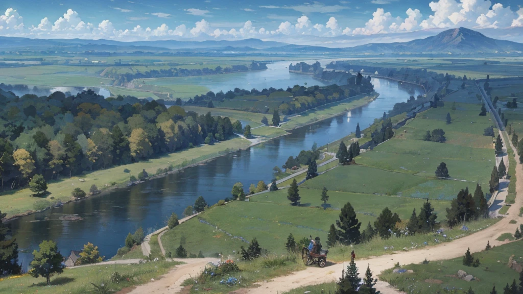 A medieval fantasy road along the river, where horse-drawn carriages and travelers come and go, a vast large forest spreads out on the other side of the river, grasslands spread out on the opposite bank, and mountains can be seen in the distance.