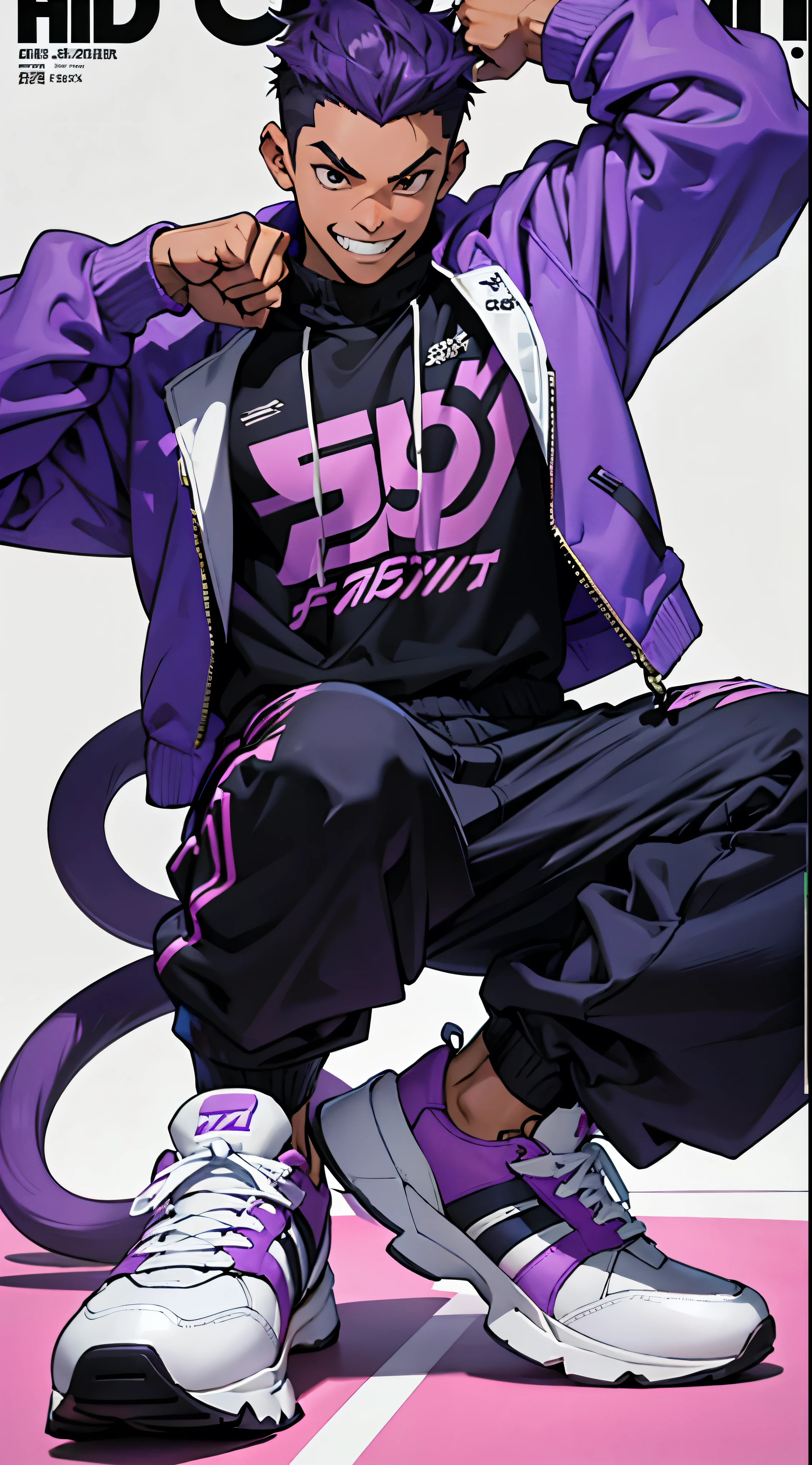 whole body, Magazine Cover, Punching pose, Jump up, A light purple monkey-themed character, サイバーパンク, Wearing big sneakers, skin fang, Simple Background, boy, ショートカット, crazy eyes, tsurime, grin, raised fist, projected inset, UHD, best quality, highres, 8k