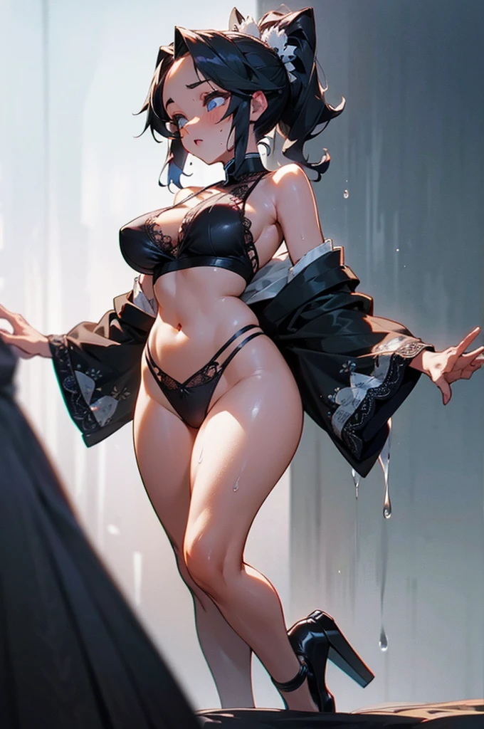 A Japanese woman in black lingerie posing for a photo, black halter top, Dressed in lace clothes, Lace Lingerie, Full Scene Shot, Full body close-up shot, The whole body is visible, Captivating woman, All product photos, Full Body Shot, full length representation, Attractive plus size model, Full body close-up shot, Black Haired Goddess, Sweat, Wet, Glowing Skin, Fair skin, High Ponytail, hair ornaments, Large Breasts, belly button, Big Ass