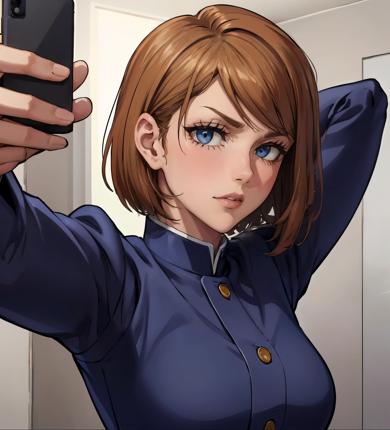 (masterpiece:1.2, best quality:1.2, beautiful, high quality, highres:1.1), 1girl, detailed, short hair, short brown hair, short brown hair, extremely detailed 4K, perfect eyes, perfect face, jujutsu kaisen, uniform, dark clothes only, 1girl , circle arms, serious gaze, ready for battle, jujutsu uniform, full uniform,dark blue clothes, dark clothes, fully clothed, showing body, upper body, selfie, combat face, brown shiny eyes, brown colored eyes, upper body, portrait, posinf hands, calm face, happy attitude, posing, hands, arms, side bangs, short hair, scars on body, Nobara Kugisaki, perfect eyes dangerous, brown colored eyes, exotica, Nobara Kugisaki LoRA, blue shirt, jujutsu uniform, beautiful view, background, sleeves, beautiful face, perfect lighting, (1girl, solo, adult female, mature female), thin, lithe body, Nobara, light brown, (medium breasts), ((sensual seductive))