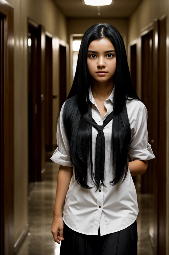 A girl with a Long shiny black hair in a haunted school