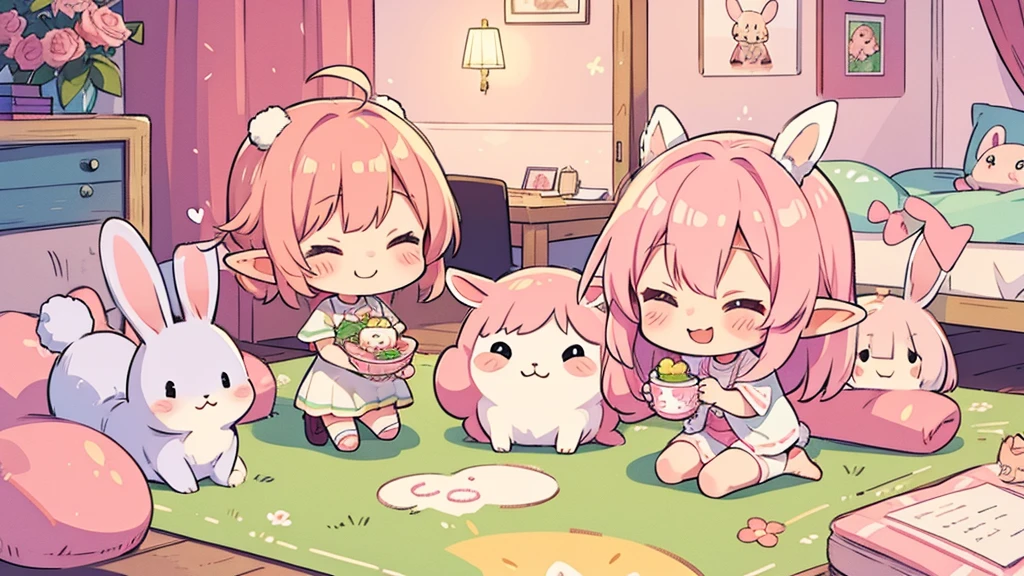 Rabbit Mimi、Chibi Elf Pink Room、Relaxing in a cute room、A big smile