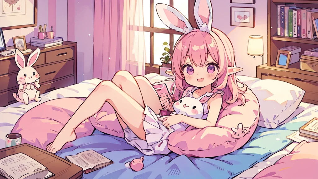 Rabbit Mimi、Chibi Elf Pink Room、Relaxing in a cute room、A big smile