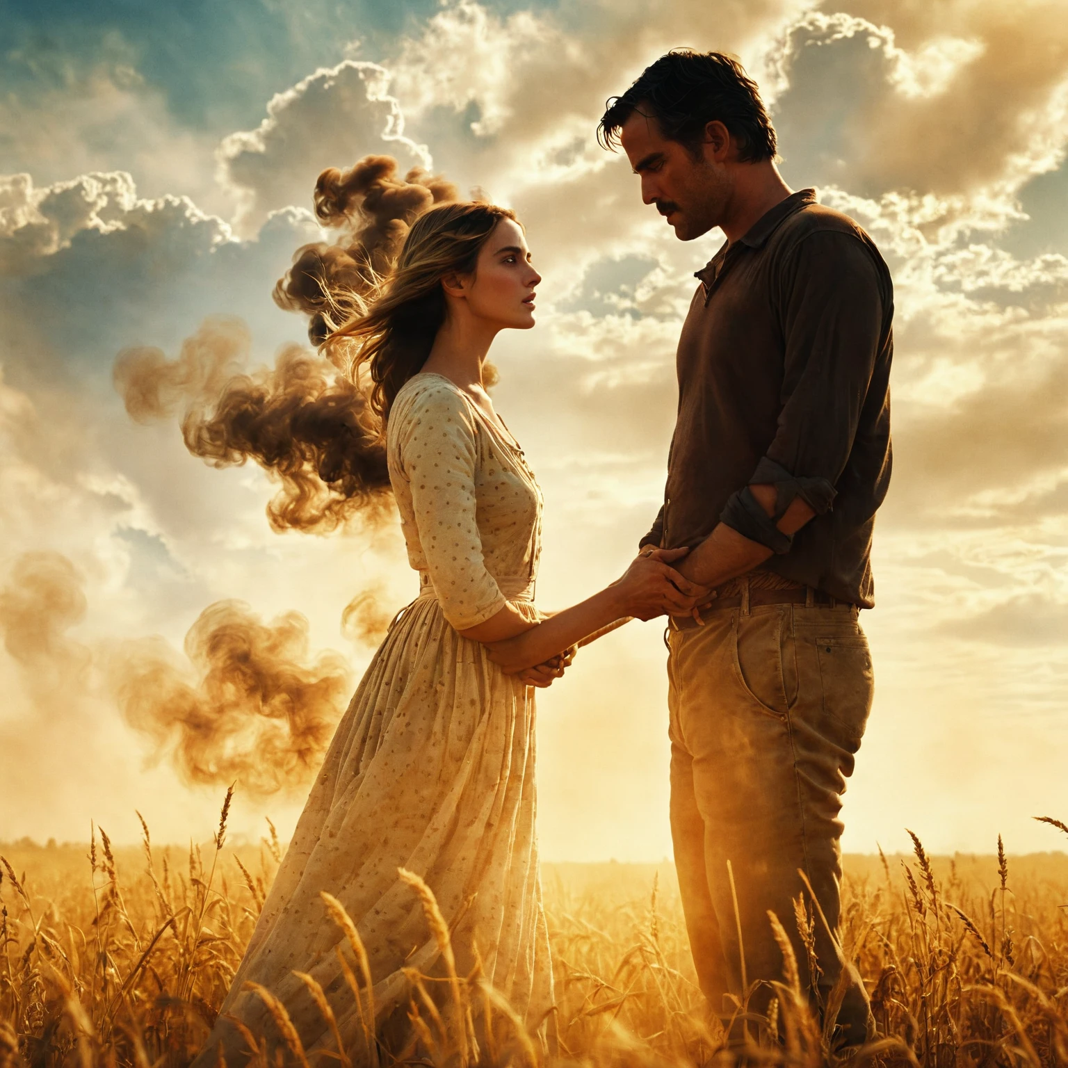 there is a man and a woman standing in a field, women is faiding away into dust and smoke, the most beautiful scene, wonderful scene, movie promotional image, cinematic movie image, warm beautiful scene, beautiful scene, the endless, 3d movie still, film promotional still, hd movie photo, double exposure of love, magical scene, cinematic movie still, movie film still, mark brooks and brad kunkle