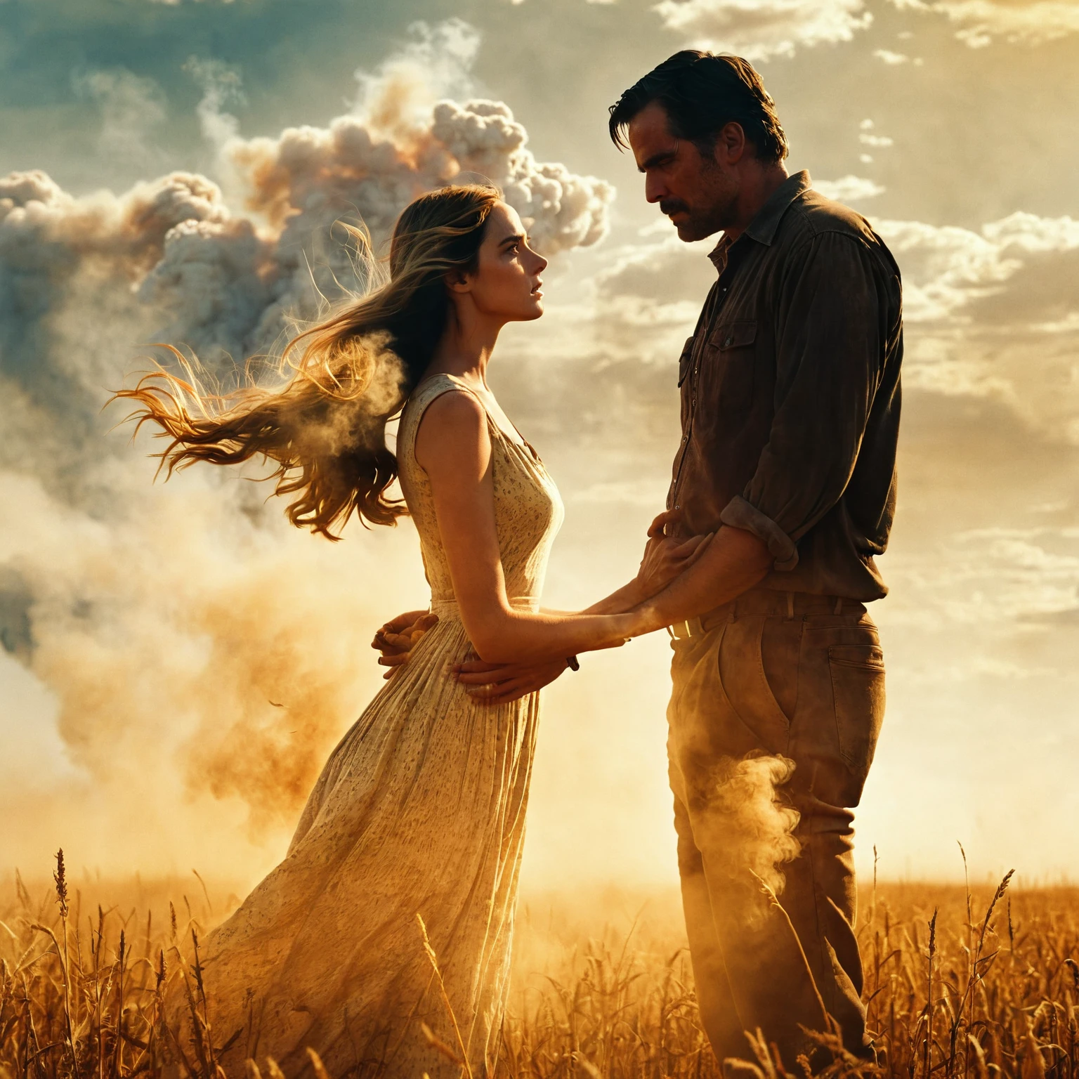 there is a man and a woman standing in a field, women is faiding away into dust and smoke, the most beautiful scene, wonderful scene, movie promotional image, cinematic movie image, warm beautiful scene, beautiful scene, the endless, 3d movie still, film promotional still, hd movie photo, double exposure of love, magical scene, cinematic movie still, movie film still, mark brooks and brad kunkle