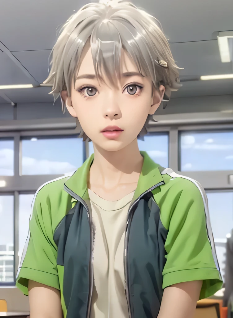 (realistic photography) saika totsuka, oregairu, male, white short hair, gray eyes, highschool uniform, carefull exprssion, ultra-detailed, ultra-realistic, bestquality, masterpiece.