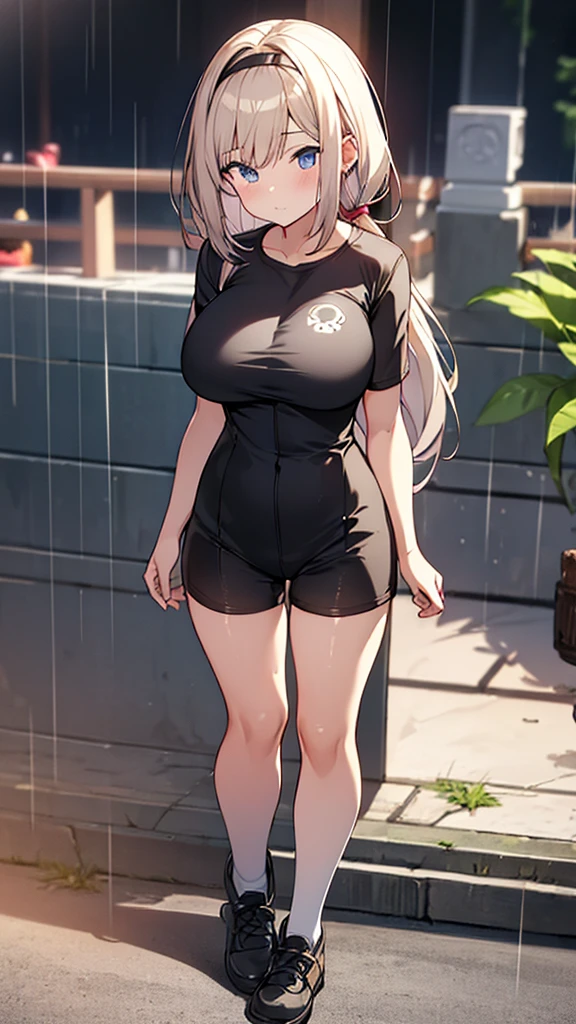 Full body image, front, One girl, 18-year-old, Mix 4, (32K, RAW Photos, Highest quality, masterpiece:1.2), (Anime-like, photoAnime-like:1.37), cute, カジュアルウエア, Short sleeve T-shirt,Shorts,Black knee socks, night, rain, Humidity, Professional Lighting, Photon Mapping, Radio City, Physically Based Rendering, Super Resolution, (Big Breasts:1.2), {{The biological weapon that had preyed on the younger sister took her place and reunited with the older brother, The rebellious little sister has become the obedient little sister}}, Girl Skull, whole body, NSFW