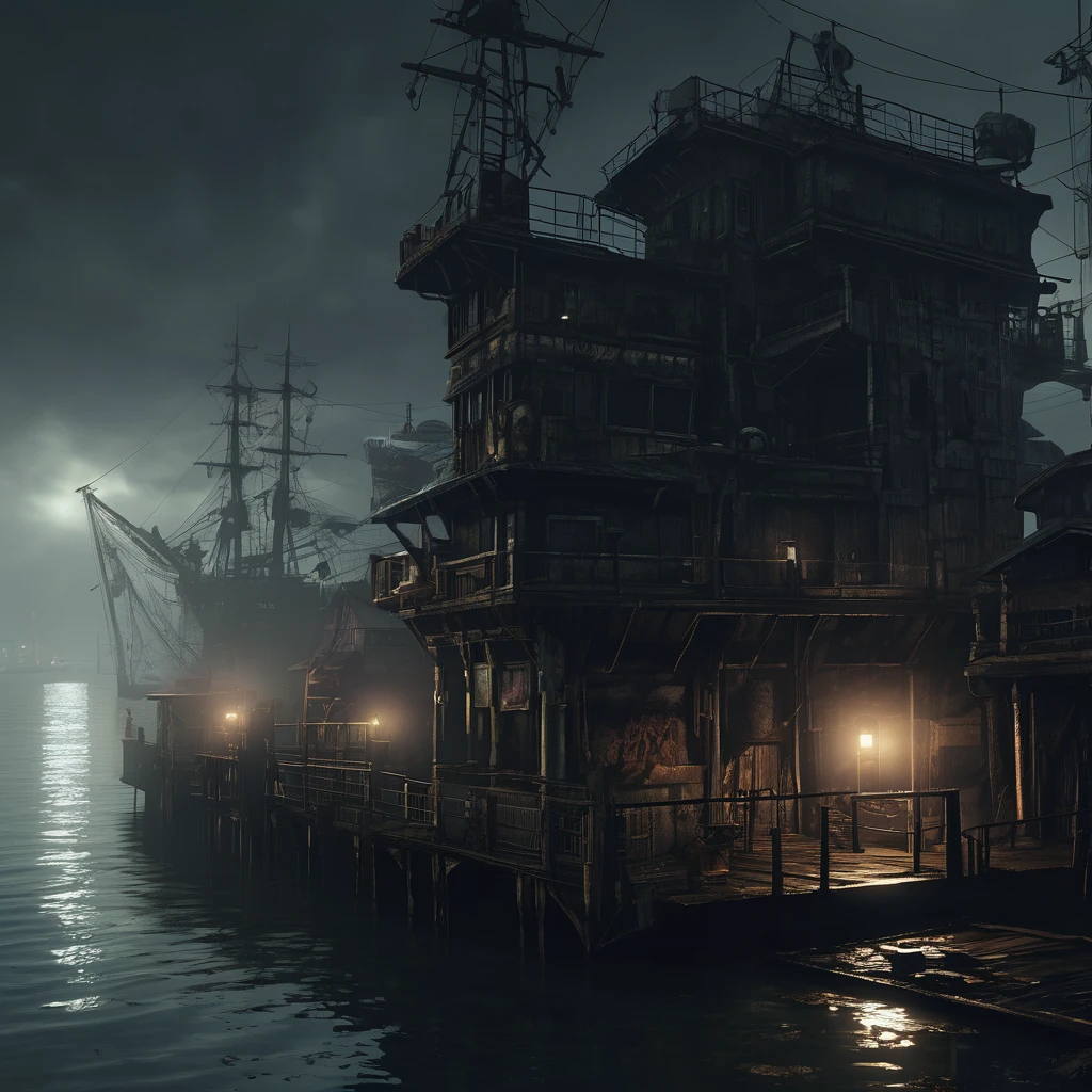 ((dark biopunk horror)), ((scorn videogame style)), ((biopunk art)), gloomy biopunk harbor, pale thick fog, dark black water, massive biopunk pier, dark biopunk docks, cold lighting, cold lights, dark art, highly detailed, extremely detailed, highly detailed background, masterpiece