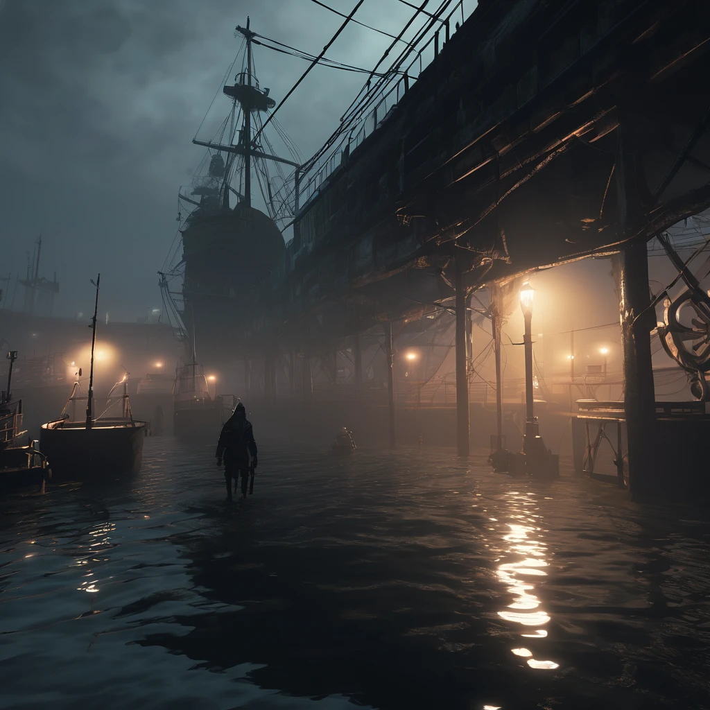 ((dark biopunk horror)), ((scorn videogame style)), ((biopunk art)), gloomy biopunk harbor, pale thick fog, dark black water, massive biopunk pier, dark biopunk docks, cold lighting, cold lights, dark art, highly detailed, extremely detailed, highly detailed background, masterpiece