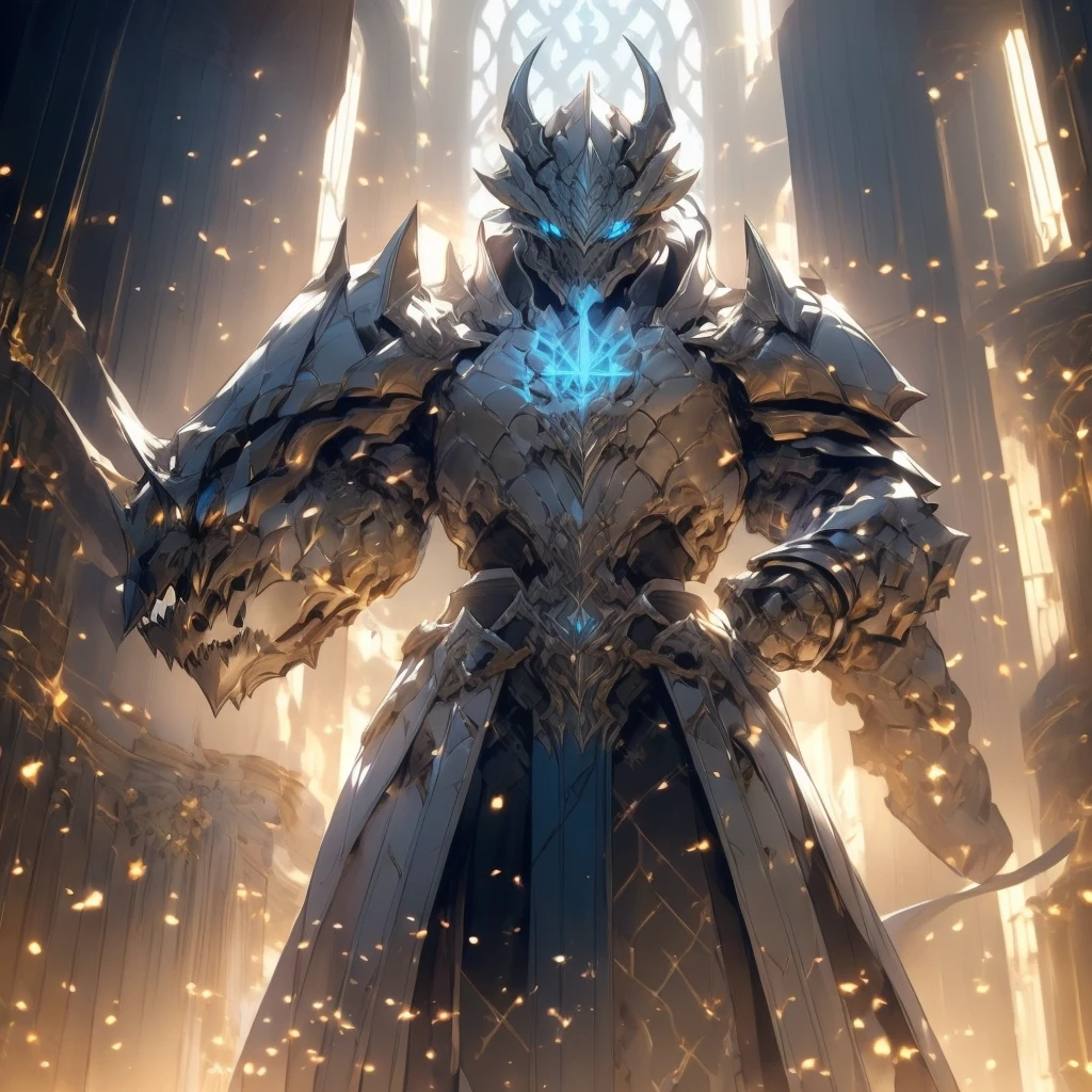 (silver dragonborn, male, golden horns, solo portrait, stoic pose, holding a book, black scales, scales, reptilian face, blue eyes) tail, buff, black and silver armor, black and silver chest armor, black and silver gauntlets, black and silver pauldrons, dark blue cloak, dark blue robes, inside, close-up, standing inside, good lighting, candles in back ground, in temple ((masterpiece, best quality)), art by greg rutkowski, 1 male, full body