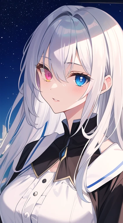 (Disheveled silver hair:1.1) (Heterochromia yellow eyes and blue eyes:1.2) (Colored stars in my eyes:1.0) (Shining Light:1.1) (Big Lips:0.9) Full body portrait