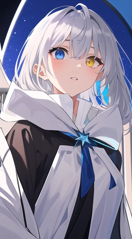 (Disheveled silver hair:1.1) (Heterochromia yellow eyes and blue eyes:1.2) (Colored stars in my eyes:1.0) (Shining Light:1.1) (Big Lips:0.9) Full body portrait