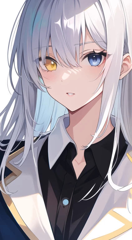 (Disheveled silver hair:1.1) (Heterochromia yellow eyes and blue eyes:1.2) (Colored stars in my eyes:1.0) (Shining Light:1.1) (Big Lips:0.9) Full body portrait