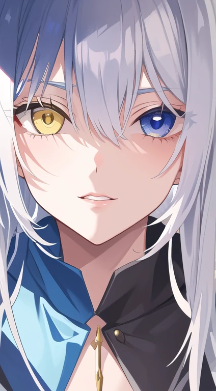 (Disheveled silver hair:1.1) (Heterochromia yellow eyes and blue eyes:1.2) (Colored stars in my eyes:1.0) (Shining Light:1.1) (Big Lips:0.9) Full body portrait