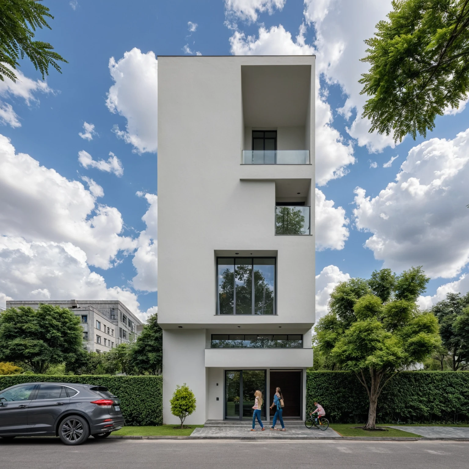 Masterpiece, high quality, best quality, authentic, super detail, outdoors, onestoreyvillaXL, aiaigroup, house style modern on the street ,stairs, white wall ,road,pavement, grass, trees, sky, cloud, (daylight:1.1)
